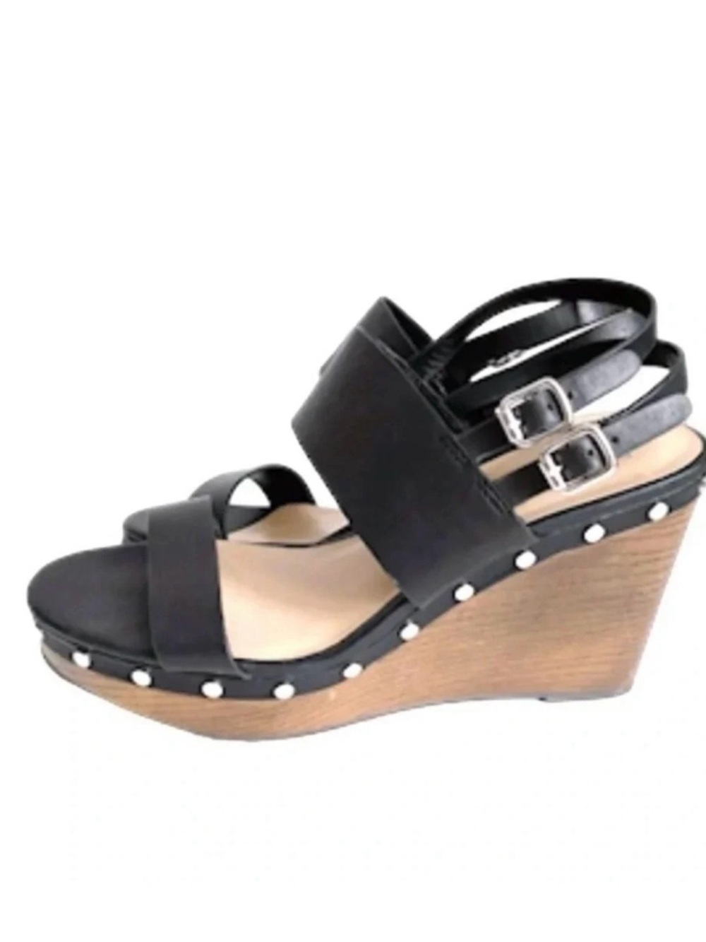 Bleecker and Bond Sandra Leather Wedge Black Studded Platform Sandals Size 10